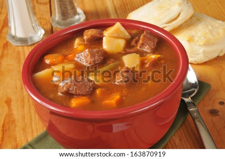 A bowl of vegetable beef, or pot roast soup