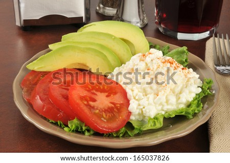 A healthy diet plate with cottage cheese, tomato and avocado