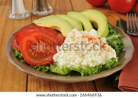 Healthy diet plate with cottage cheese, tomato and avocado slices