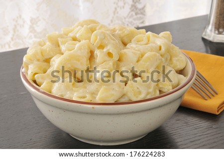 A bowl of macaroni and cheese with parmesan cheese sauce