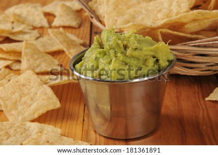 Corn tortilla chips with a serving of guacamole dip