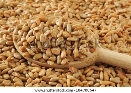Roasted and salted sunflower seeds in a wooden spoon