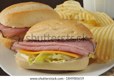 Closeup of a ham and cheese sandwich with potato chips