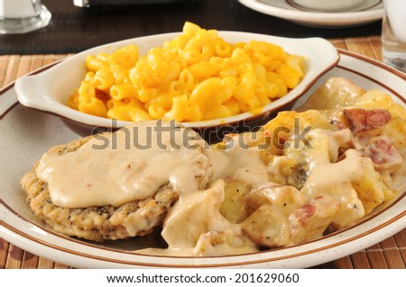 Closeup of a plate of chicken fried steak with potatoes