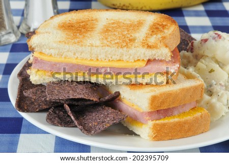 a ham and cheese sandwich with blue corn tortilla chips and potato salad