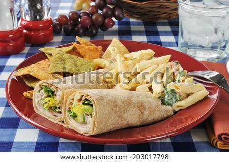 Turkey or chicken wrap sandwiches with mozzarella pasta salad and vegetable tortilla chips