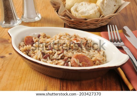a Cajun sausage, rice and bean casserole with dinner rolls