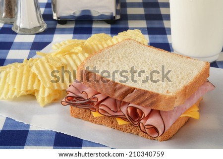 A ham and cheese sandwich on a picnic table with potato chips