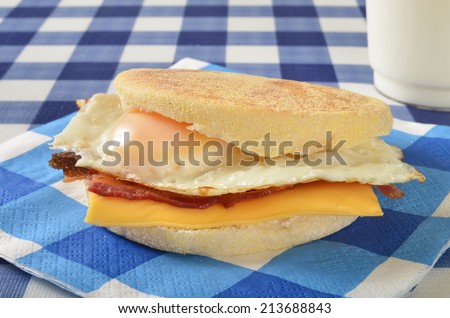 A fried egg sandwich on an English Muffin with bacon and cheese