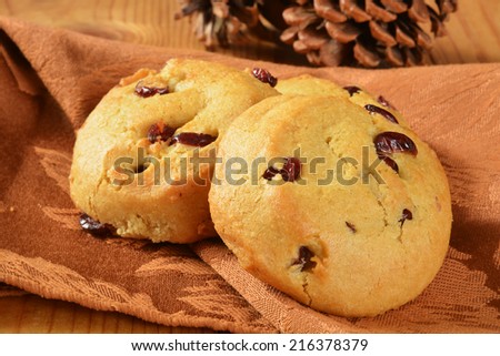 Gourmet cranberry orange cookies in a holiday setting with pine cones