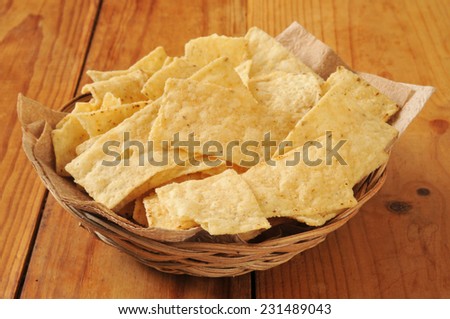 A basket of corn tortilla chips on a rustic wooden counter