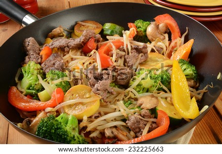 A healthy stir fry with beef and vegetables in a wok