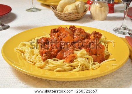 Plate of spaghetti with marinara and meat sauce