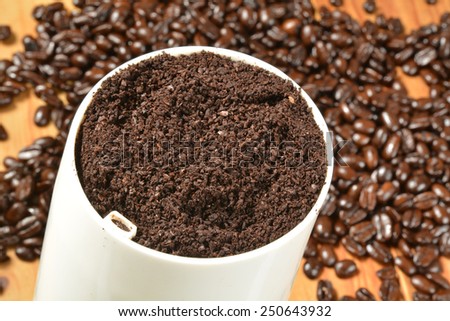 Fresh ground coffee in a grinder.  Shallow depth of field, focus on ground coffee