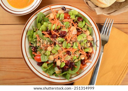 Healthy salad with chickpeas, cranberries, edamame, and more
