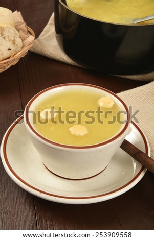 High angle view of a cup of chicken noodle soup