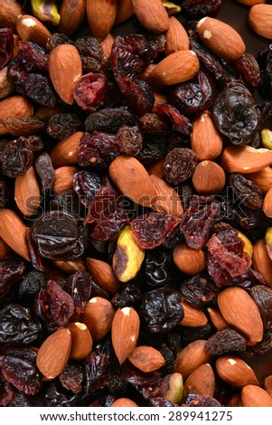 Trail mix with almonds, nuts, raisins, and dried cranberries shot from an overhead angle