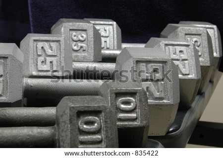 Different size dumbells are lined up on weight bench