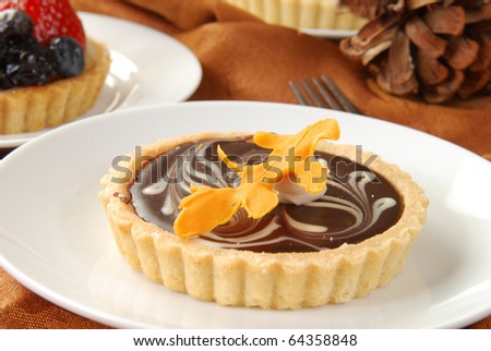 A chocolate filled tart and a fruit tart
