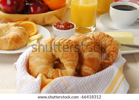 A basket of croissants with coffee, butter and fresh fruit