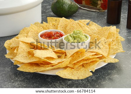 Corn tortilla chips with salsa and guacamole