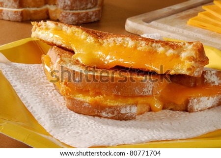 A hot grilled cheese sandwich on a paper plate