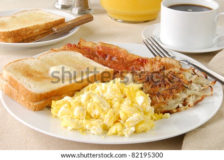 A breakfast of bacon and eggs with hash browns