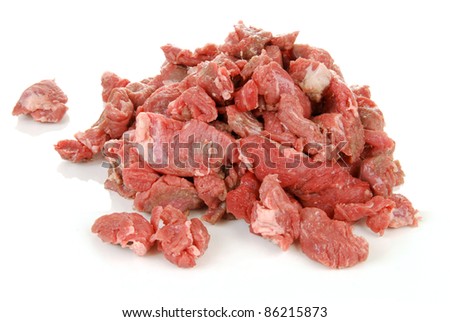 A mound of diced or cubed raw beef for stews and cooking