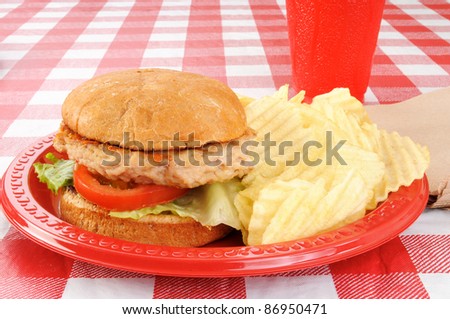 A fried ground chicken burger with potato chips