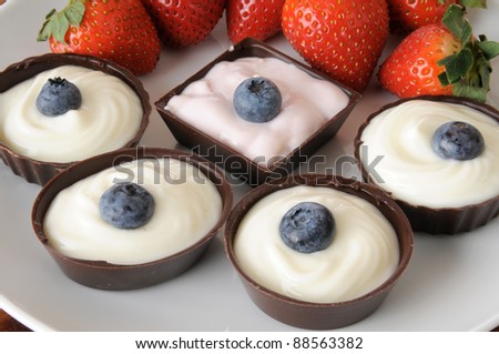 Belgium chocolate cups filled with yogurt and topped with blueberries