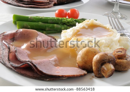 A gourmet roast beef dinner with sauteed mushrooms and mashed potatoes