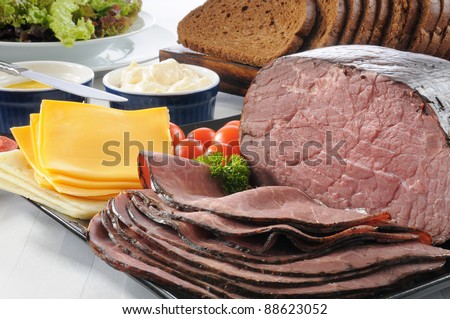 A sliced roast beef sandwich buffet