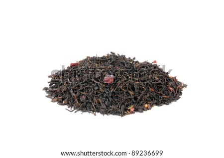 A mound of whole leaf, organic black pomegranate tea