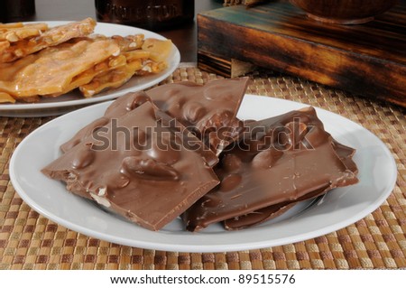 A plate of chocolate bark with almonds and of peanut brittle