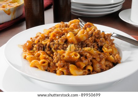 Macaroni and hamburger with chili or spaghetti sauce