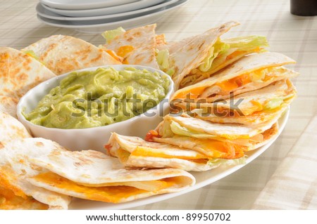 A plate of cheese quesadillas with guacamole