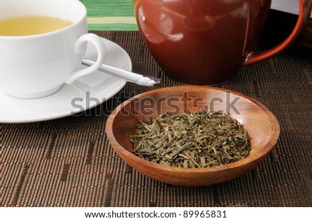A pot of fresh whole leaf China Sencha green tea