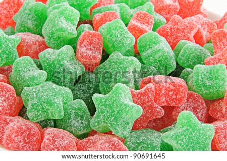 Closeup of red and green star shaped gum drops