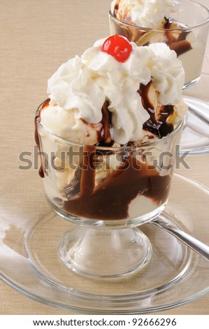 Vanilla ice cream topped with chocolate syrup and a maraschino cherry