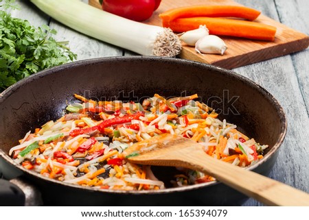 Fresh chinese vegetable in a wok pan