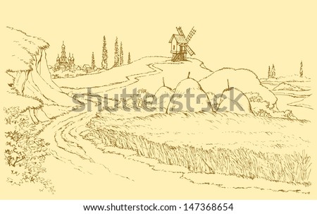 Vector landscape. Old windmill on a hill above the river, surrounded by fields of wheat