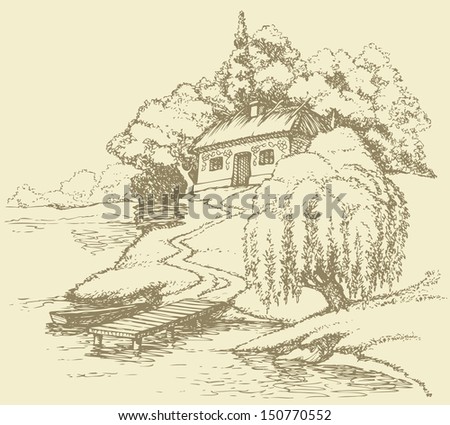 Vector landscape. Old Ukrainian hut on a hill above the river and surrounded by a lush garden
