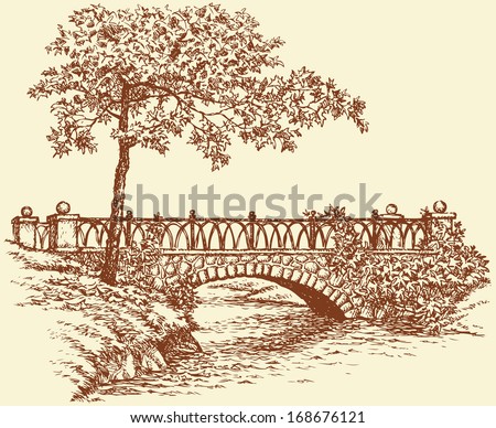 Vector landscape. A maple near the ancient stone bridge over a small river in the park