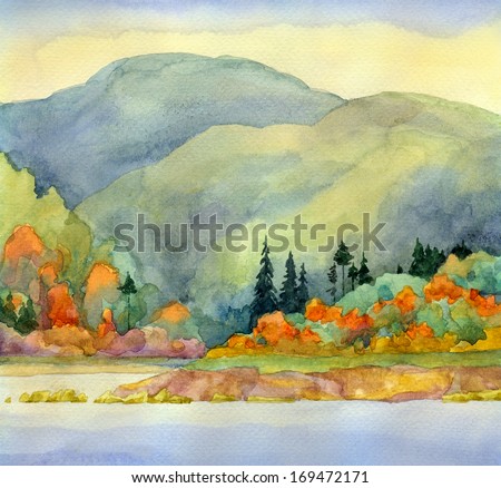 Watercolor Landscape. Autumn Forest Under Mountains Near Lake