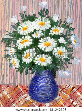 Oil painting. Still from a bouquet daisies in a blue vase on a checkered tablecloth.