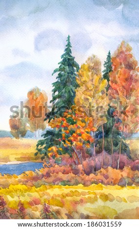 Watercolor landscape. Yellowing trees near a stream in cloudy autumn weather