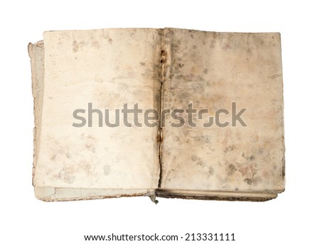 Annals tattered grungy notebook in beige cardboard cover with spotted weathered yellowed pages with ragged edges isolated on white backdrop with clipping mask. Close-up view with space for text