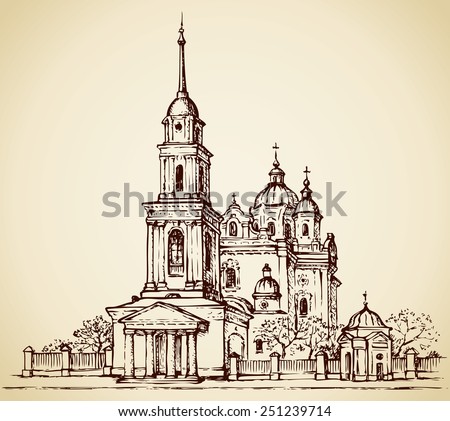Dormition Cathedral, Poltava, Ukraine. Classical portico with columns at entrance to bell tower with tall steeple. For slatted hedge with shrines is orchard. Vector freehand sketch in engraving style