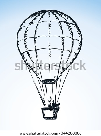Big old airy Hot Air Balloon with people in gondola soar up on sail in cloud isolated on white background. Outline ink hand drawn icon sketch in scribble style pen on paper with space for text on blue sky