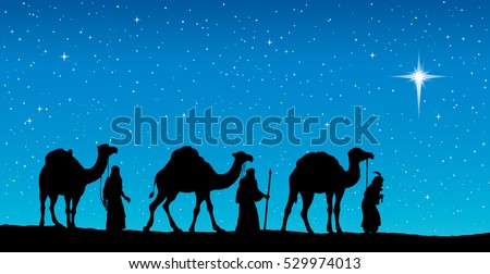 Three old orient Magi following east comet leading to new born holy baby Jesus Christ in Bethlehem present gifts gold, frankincense, myrrh. Dark black ink hand drawn backdrop card with space for text